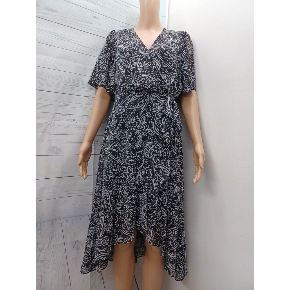 Calvin Klein Black White Floral Chiffon Faux Wrap High Low Maxi Flowy Dress Sz 6